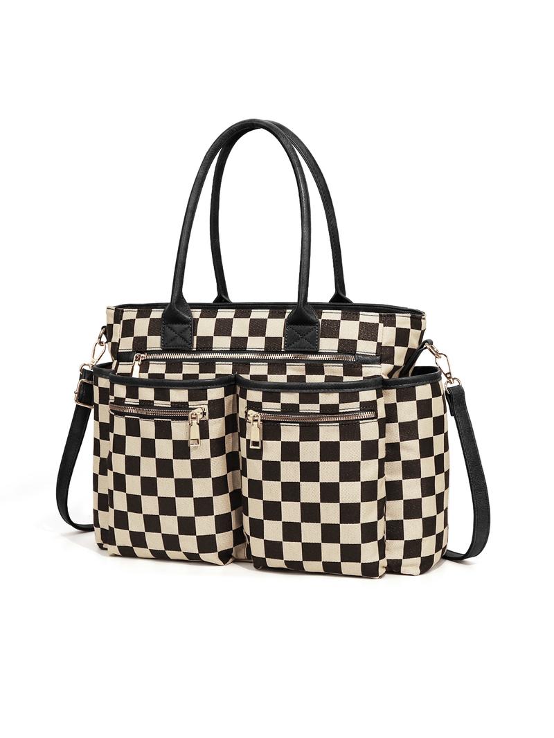 Women's Checkerboard Pattern Zipper Crossbody Tote Bag, Large Capacity Multi-Pocket Design Portable Shoulder Bag For Daily Used, Girl Fashionable Shopping Bag