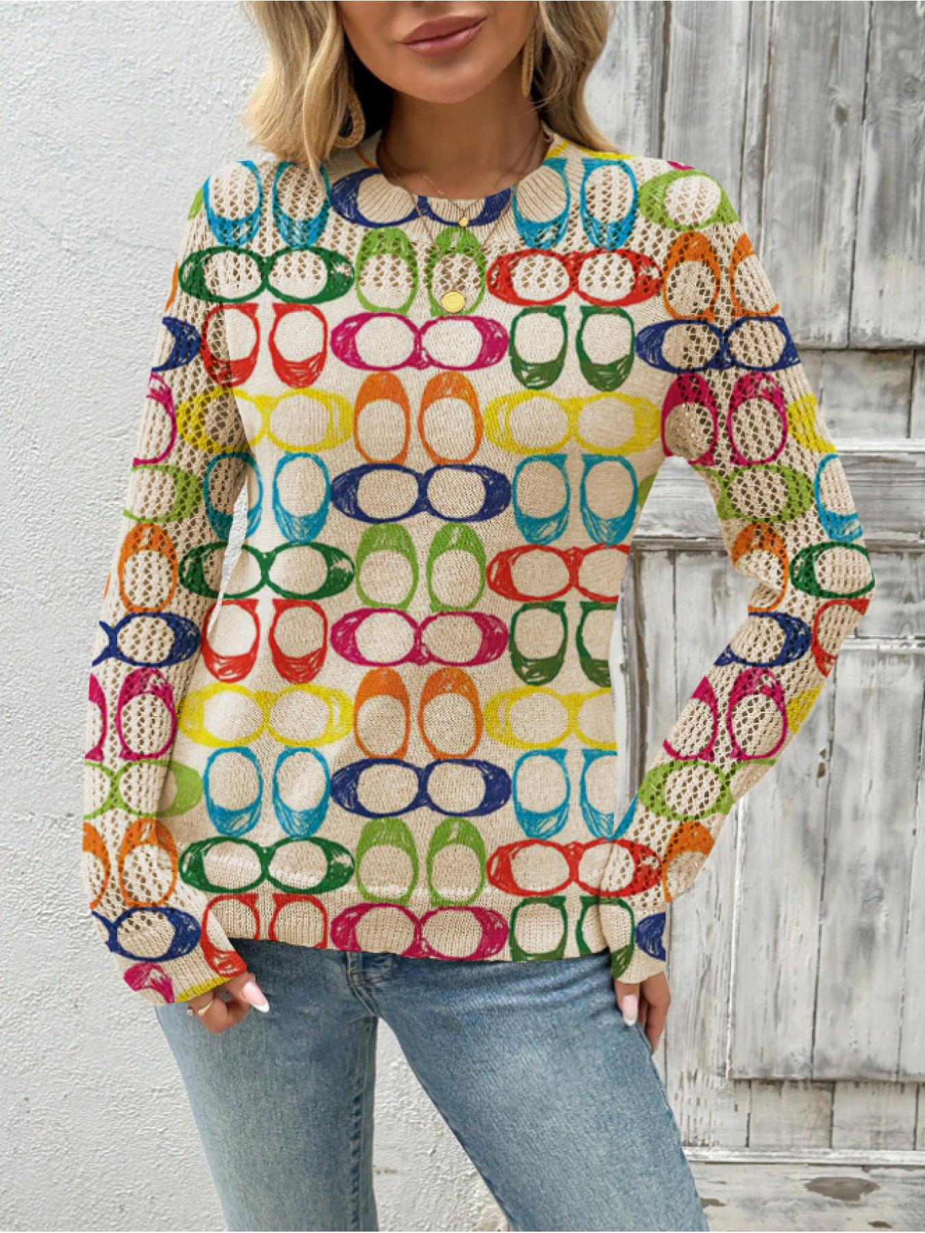 Women's Geometric Pattern Colorblock Print Round Neck Sweater, Casual Long Sleeve Knitwear for Fall Winter, Comfortable Warm Daily Wear