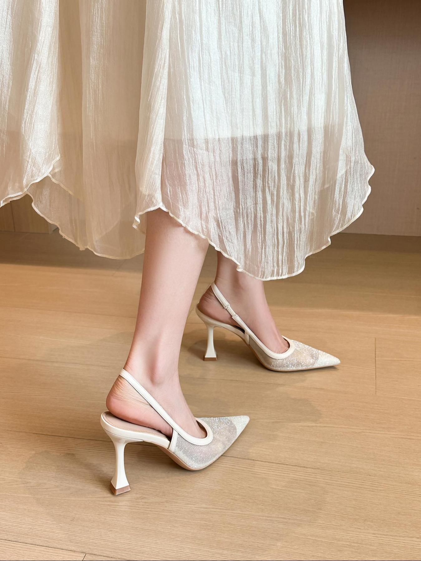 Women's Solid Color Pointed Toe High Heel Shoes, Ankle Strap Heels, Elegant Fashionable Heels for Party, Daily Clothing Decor, Back Empty Versatile Shoes for Women, Footwear