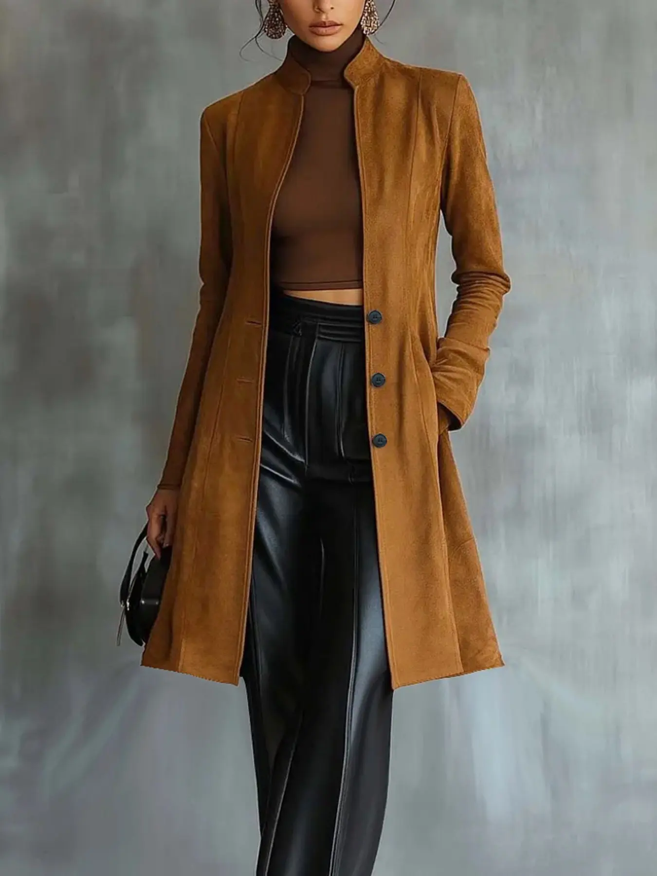 Women Mid‑Length Stand Collar Coat, Long Sleeve, Single‑Breasted Button‑Front Outerwear With Side Pockets, Slim Tailored Long Jacket, Silhouette Outer Layer, Ideal For Office Occasions, Date Night, Daily Commute, Fall Winter Must‑have Versatile