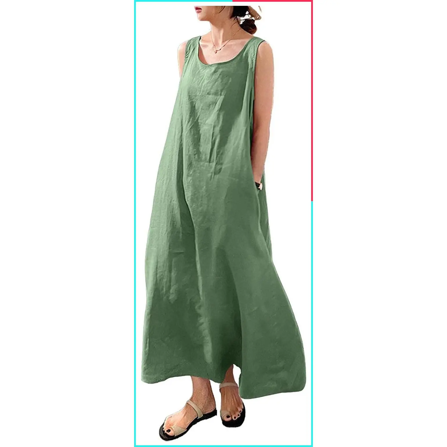 Women's Summer Casual Sleeveless Cotton Maxi Tank Beach Dress with Pocket