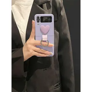 Luxury Korean 3D Love Heart Simple Solid Color Case with Ring for Samsung Galaxy Z Flip7 flip7 Flip6 flip6 Flip5 Zflip4 3Cover
