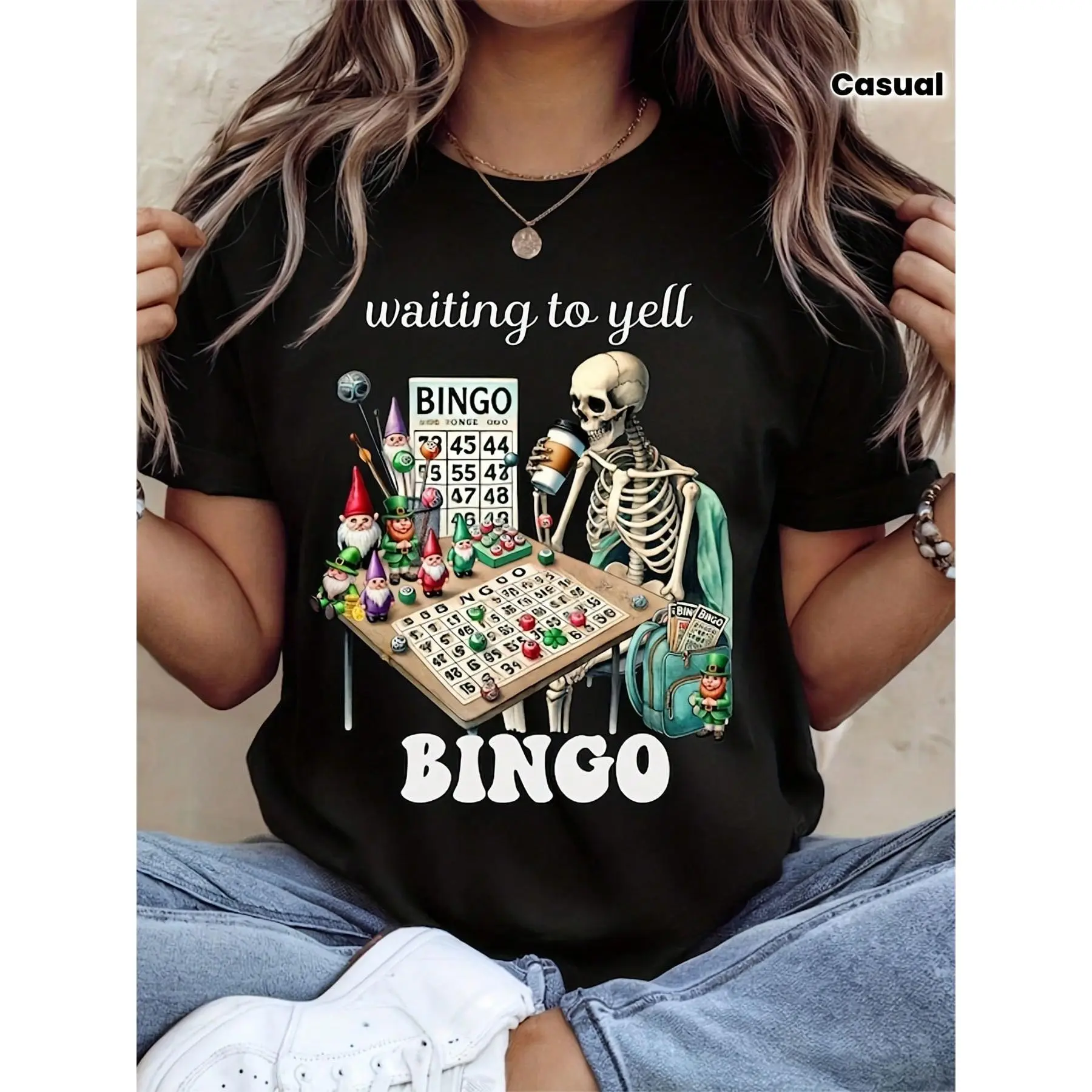 Casual Crew Neck Short Sleeve T-Shirt Featuring A Fun Bingo Game Design With Bingo Balls And The Number 75, Perfect For Adult Bingo Night Parties, Birthday Celebrations, And As A Gift For Both Men And Women