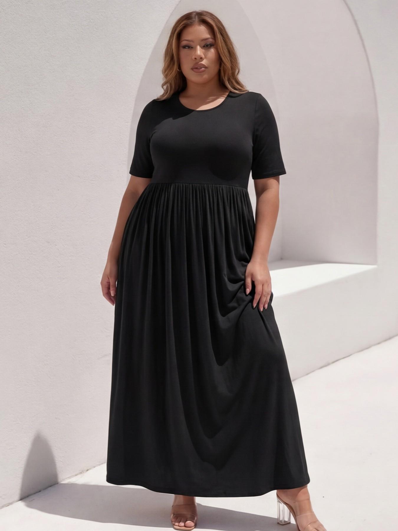 Plus Size Solid Black Maxi Dress | Short Sleeve High Waist Pleated Loose Casual Long Dresses