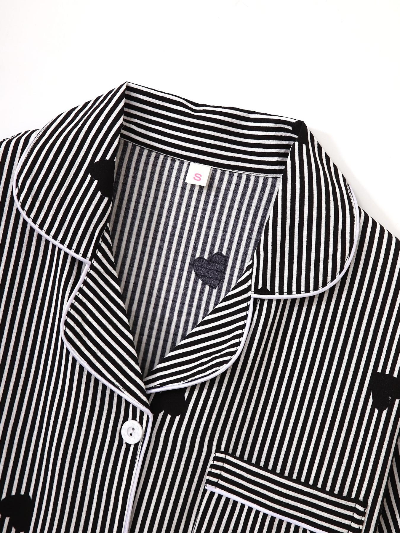 Women's Short Sleeve Button Down Top and Shorts Pajama Set, Spring Summer Wear, For Minimalist Black & White Lovers, Black White Stripe With Black Heart Accent, Classic Lapel Collar, Slim Fit, Comfortable For Home & Short Commutes