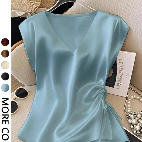 Women's Elegant Simple Solid Color V-Neck Batwing Drawstring Side Ruched Satin Fashion Fitted Blouse Shirts, Summer Wear