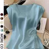 Women's Elegant Simple Solid Color V-Neck Batwing Drawstring Side Ruched Satin Fashion Fitted Blouse Shirts, Summer Wear