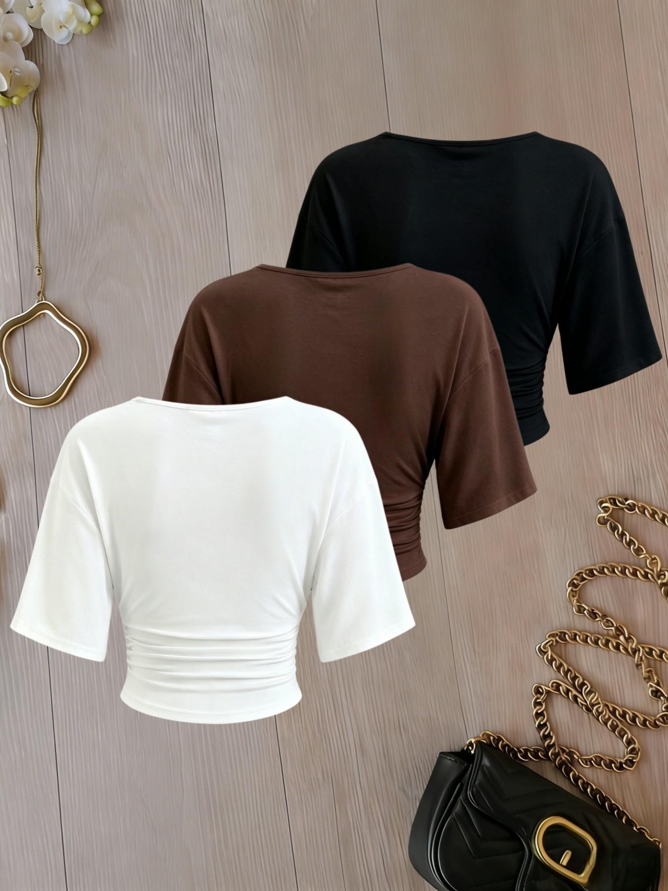 3 Pack Solid Color Ruched Crop Top for Women, Deep V Neck, Three-Quarter Sleeves, Slim Fit, Casual Chic Basic Minimalist T-Shirt
