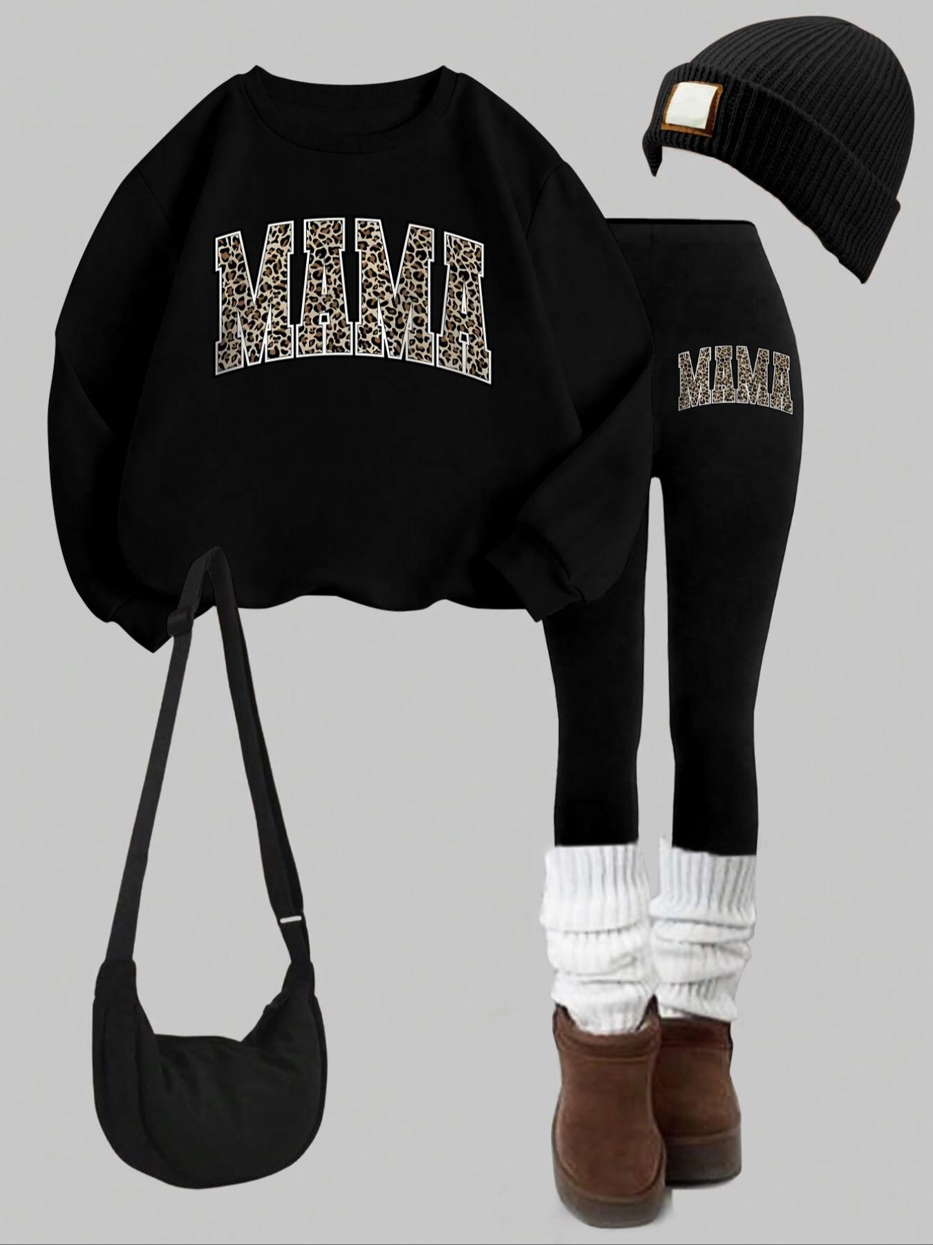 Women's 2-Piece Sweatshirt Set, Mama Letter Print, Round Neck Long Sleeve, Fitted Bottoms, Casual Fall & Winter, Womenswear