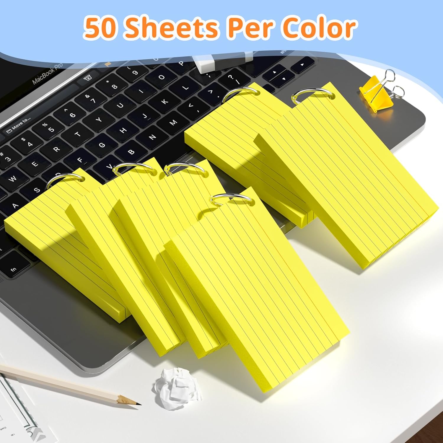 300 count Index Cards 3x5 Inches, Yellow Flash Cards with Ring | Punched Lined Study Card Ruled Flashcards Notecards, Ruled Front and Blank , Note Card for School, College and