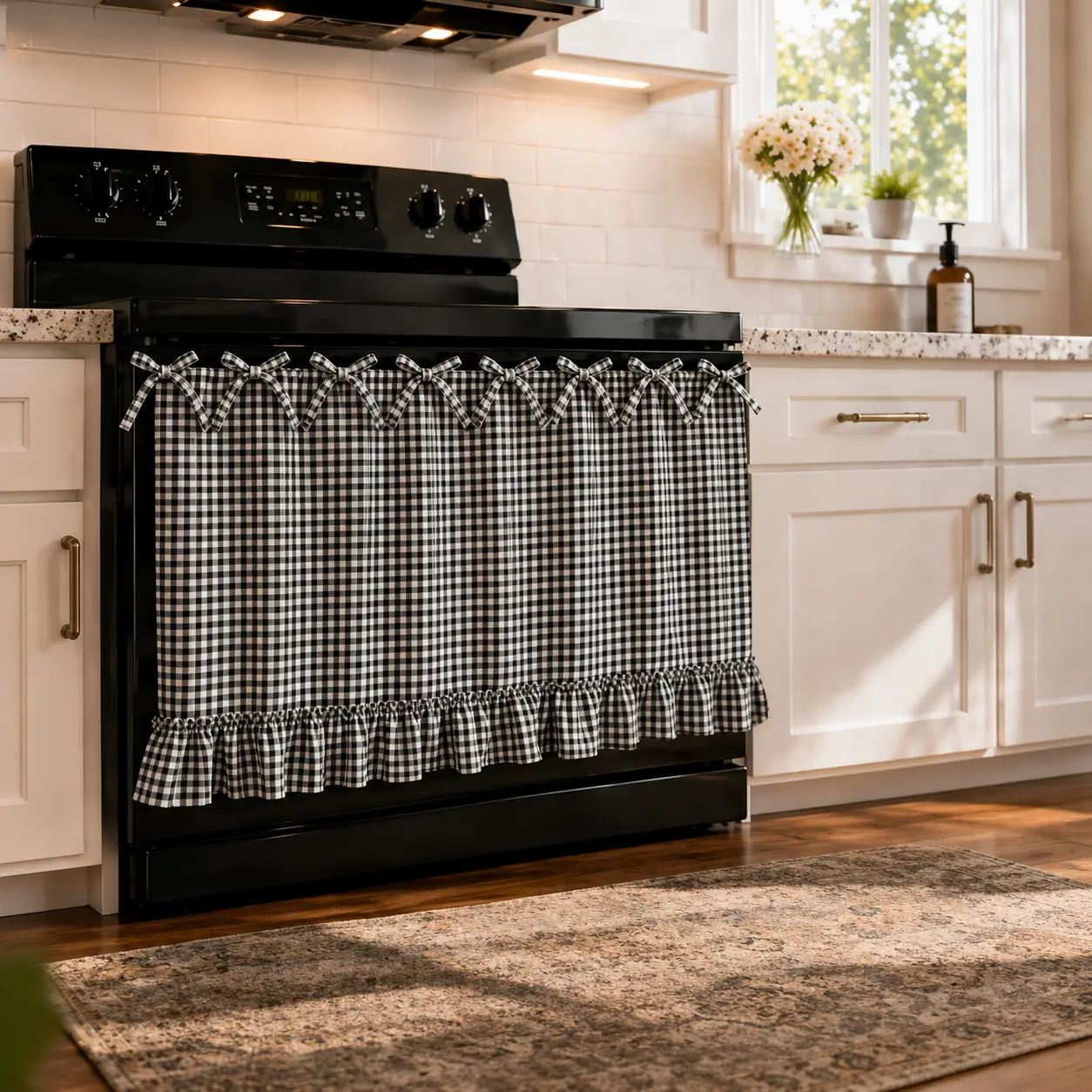 Black & White Gingham Print Cotton Oven Skirt - Handmade, Easy to Install, Stove Top Cover, Hob Cover, Farmhouse Cottagecore Kitchen Decorative Stove Protector