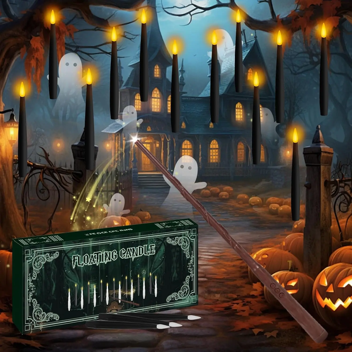 Floating Candles with Wand Remote Timer - Magic LED  Flameless Taper Candles Flickering  Operated for Halloween Birthday Theme Party Holiday  Window Decor - Black 12 Pack