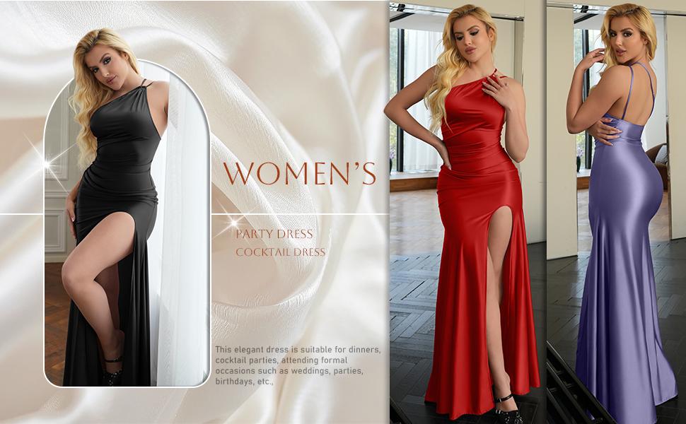 OYV Women's Sexy One Shoulder Ruched High Split Evening Maxi Formal Dress