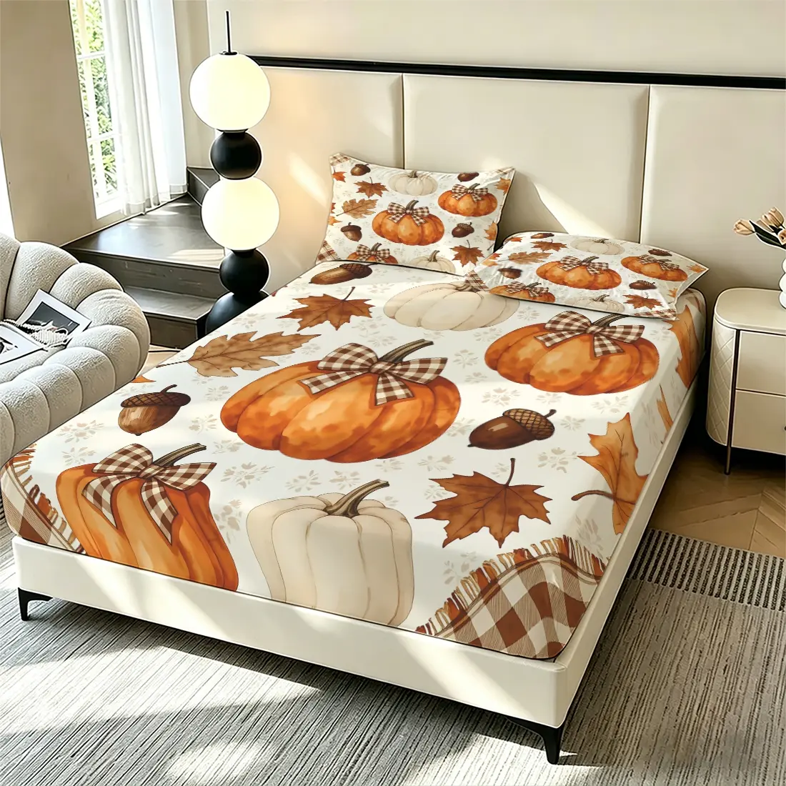 3pcs Watercolor Fall Pumpkin Maple Leaf Acorn Gingham Bow Digital Print Bedding Set, Soft Deep Pocket Fitted Sheet Set, No-Fade Breathable Bed Sheet Set with Pillowcases, No Fillers, Cozy Halloween Thanksgiving Decor for Bedroom Dorm Guest Room