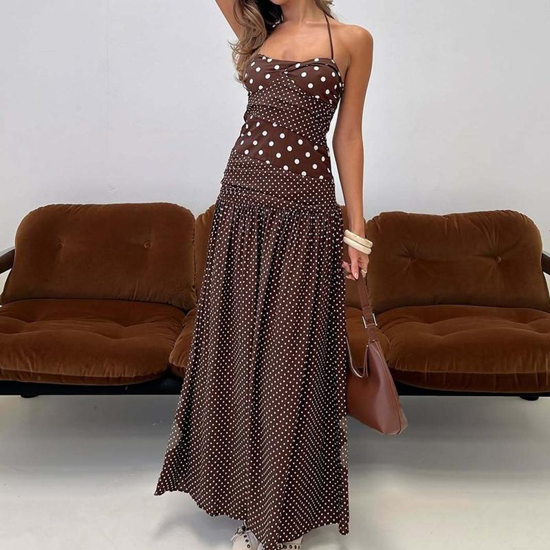 Women's Polka Dot Print Tie-neck Halter Dress, Bust Twisted Ruched Sleeveless Backless A-line Slip Dress, Party Club Date Holiday Beach Vacation Daily Casual Sweet Cami Maxi Long Dresses For Ladies Summer Fashion Clothes Wear