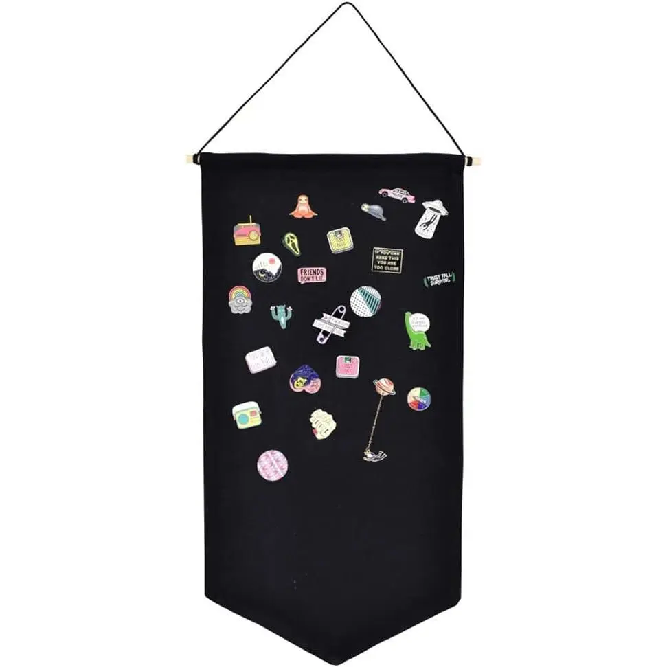 Wall  Brooch  Storage Case Canvas Display Stand Enamel Pin Display Banner Holder Earrings Necklace Glitter Pin Collection Organizer (Black)