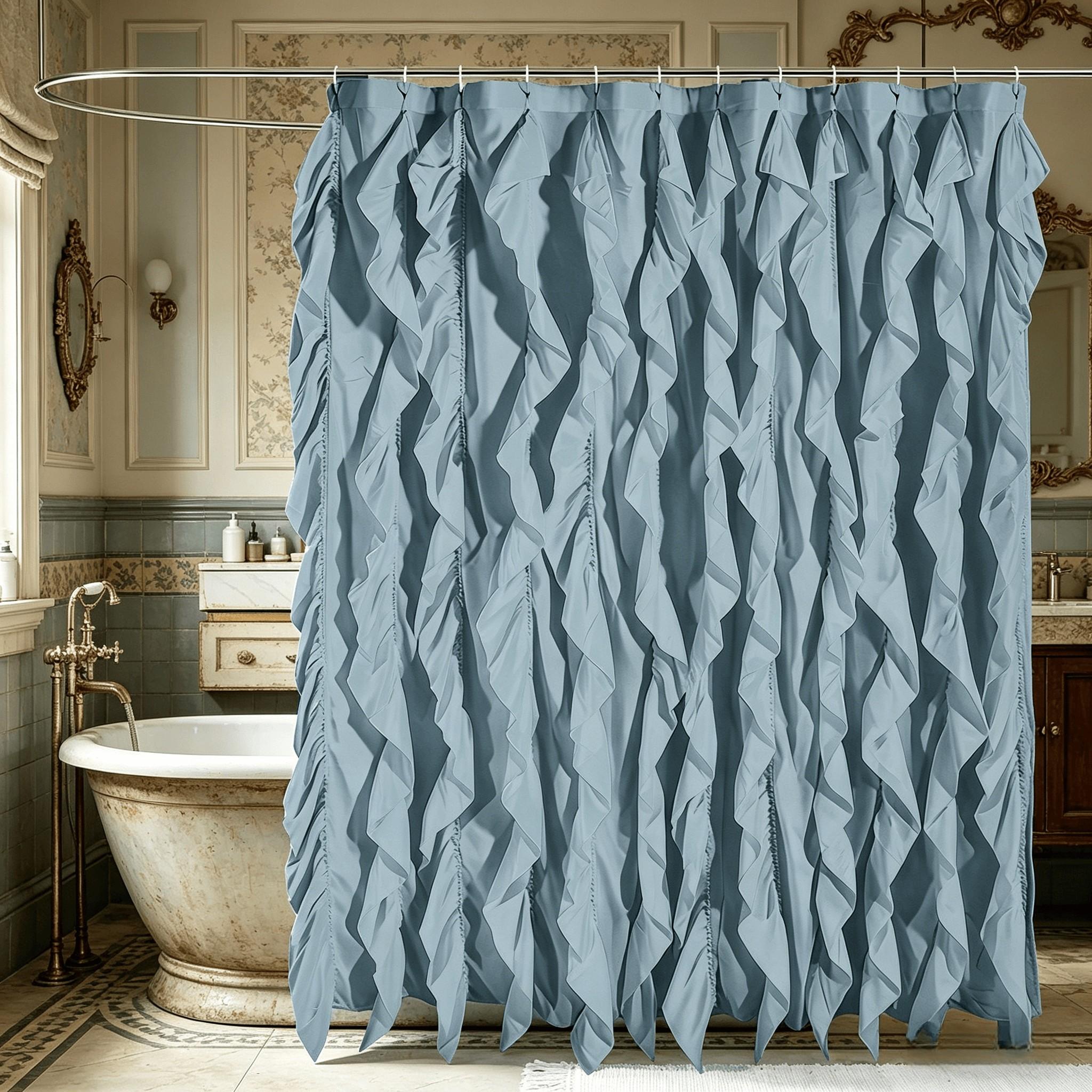 Elegant Ruffled Fringe Bath Curtain, Polyester Fiber, Artistic Ripple Design, Easy Hang Hook, Bathroom Decor, Stylish Shower Curtain