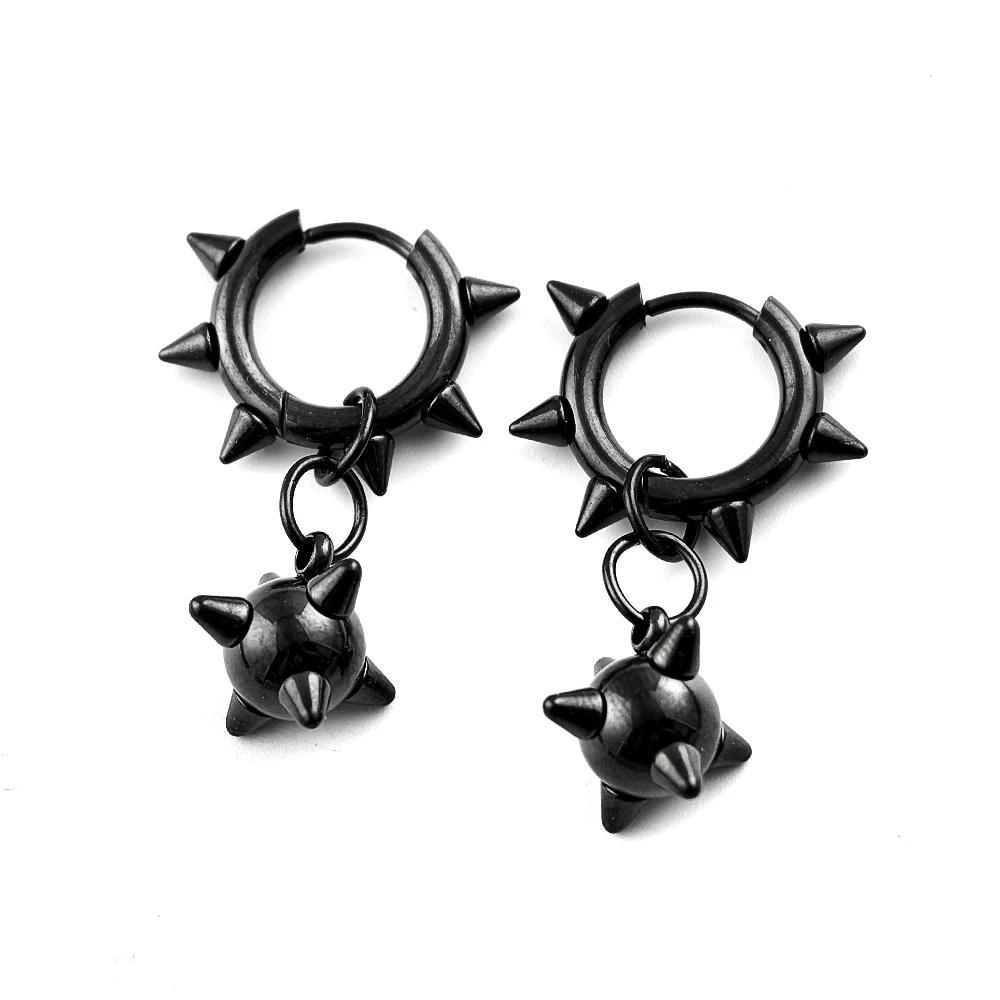 Gothic Spiky Sphere Drop Earrings Stainless Steel Spike Ball Dangle Huggie Hoops Dark Street Emo Piercing Decor Jewelry Gift