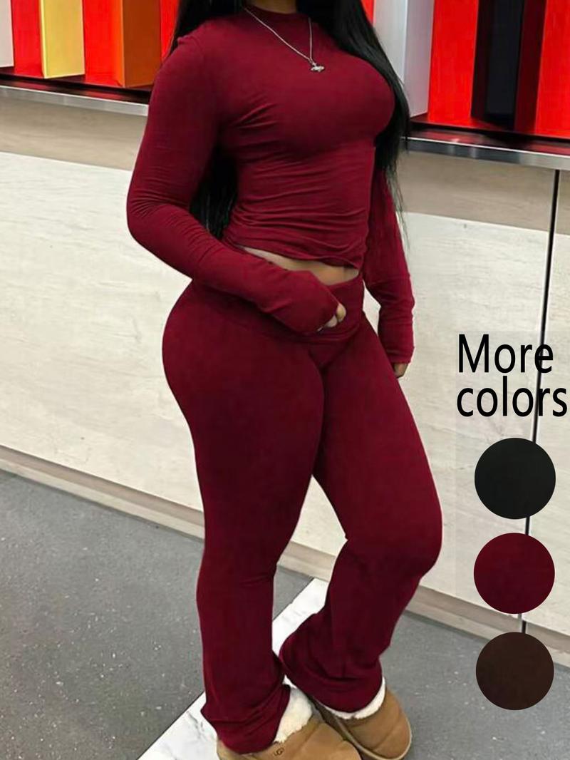 【Plus Size】2 Piece Women's Long Sleeve Crop Top & Flare Pants Set, Trendy Street Style, Multiple Colors Available & Stretchy Fabric, Highlights Curves & Comfortable to Wear, Suitable for Women's Streetwear, Casual Outings,Airport Outfit