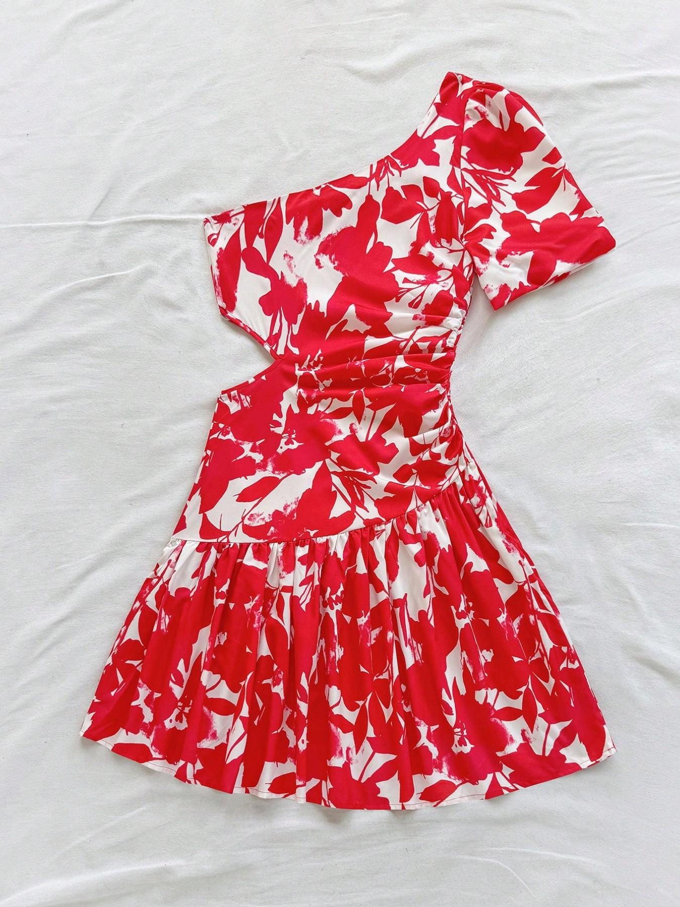 Women's Asymmetrical Neckline Bubble Sleeve Mini Dress, Hollow Waist Floral Print Summer Dress, One Shoulder Vacation Dress