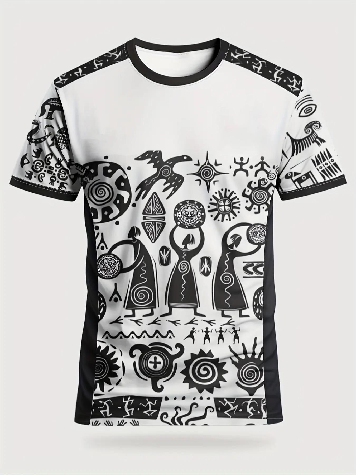 Men's Mexican Aztec Tribal Symbol Sport T-Shirt, Ethnic Street Round Neck Short Sleeve Top, Loose-Fit Geometric Pattern, All Seasons