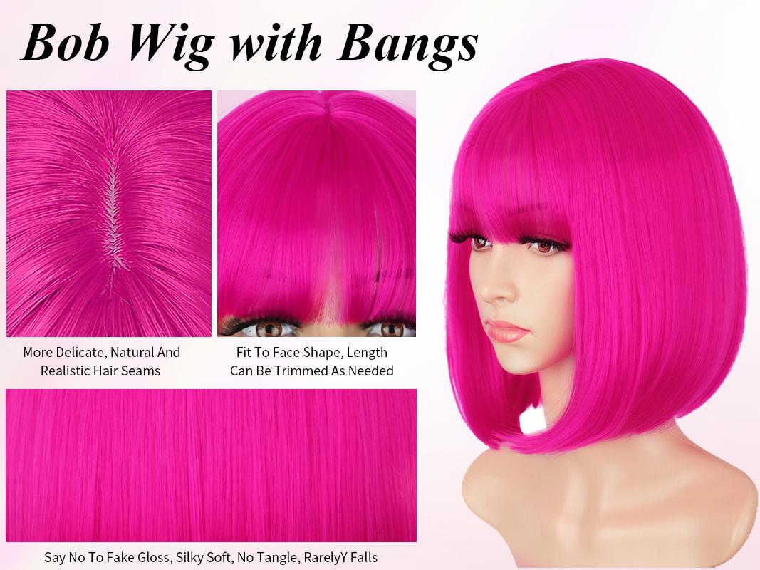 Fxmongyi Short Bob Wig with Bangs 10inch Bob Wig with Realistic Middle Part Synthetic Colorful Cosplay Daily Party Wig for Women