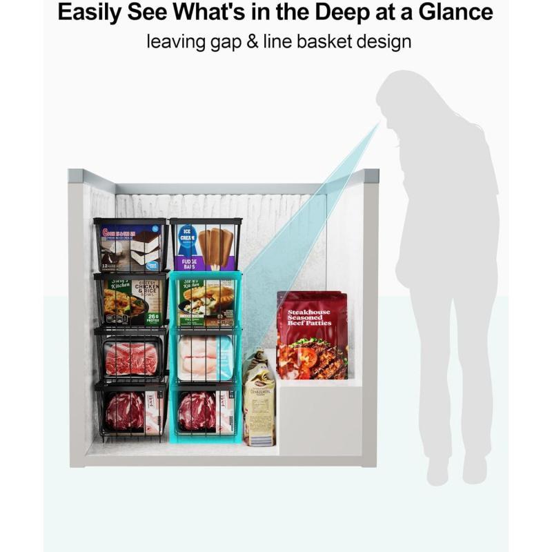 Chest Freezer Basket - 8 Pack Small Stackable Freezer Bins for Most 7 Cu.FT Deep Freezer Sort Frozen Food, Deep Freezer Organizer Bins with Handles Easy to Get Food from Bottom, Black