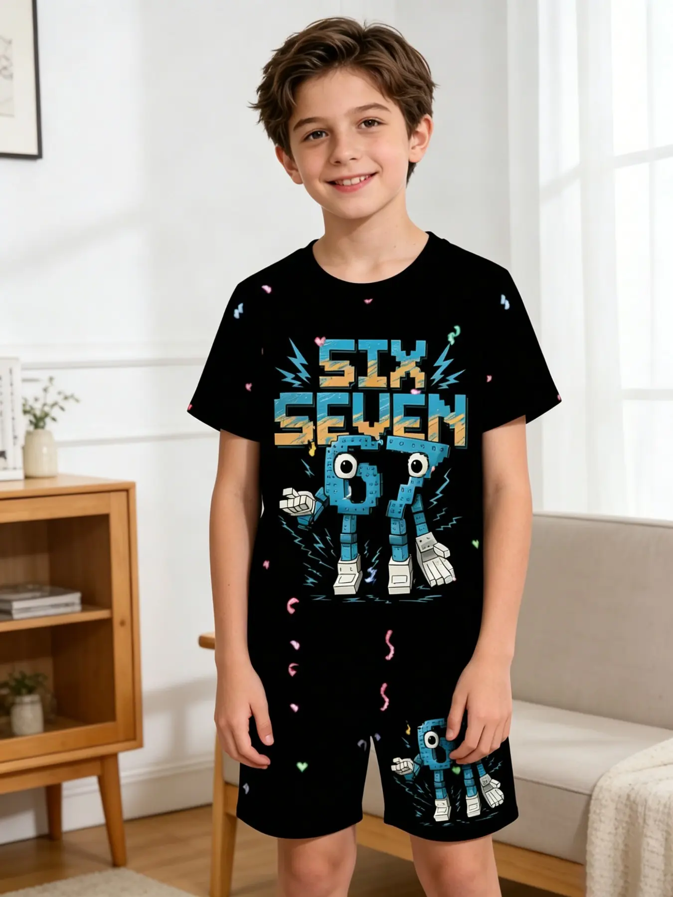 Boys' Pixel Mechanical 67 Print Set, Summer Clothing Set, Fashion Casual Fitted Top and Short Track Pants, Comfortable Outdoor T-Shirt and Shorts, Outfits Set