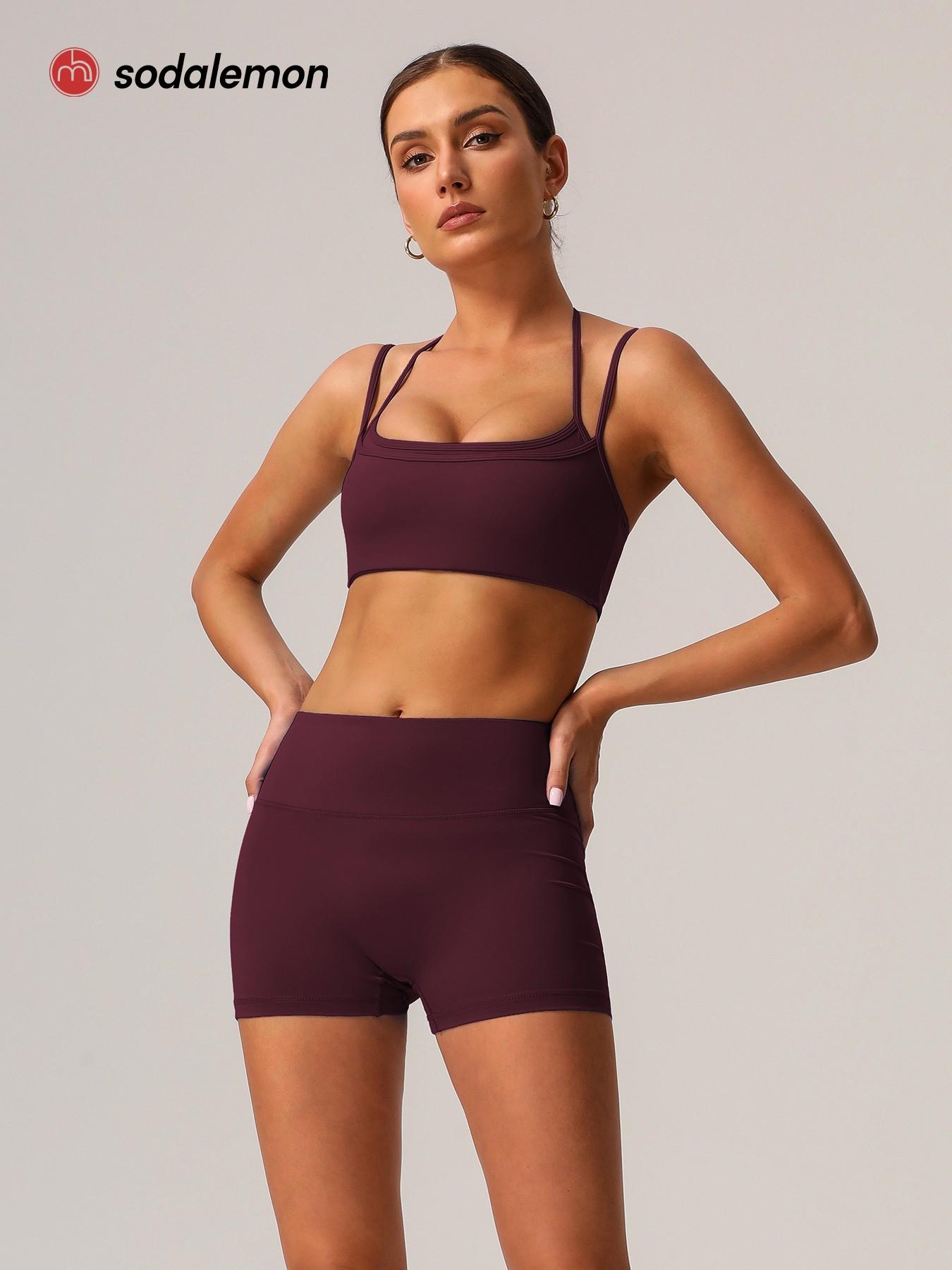 Sodalemon Women's Solid Crop Sports Bra & Shorts Sportswear Set, Casual Comfy Breathable Two-piece Outfits for Yoga Gym Workout Running, Ladies Spring & Fall Clothes