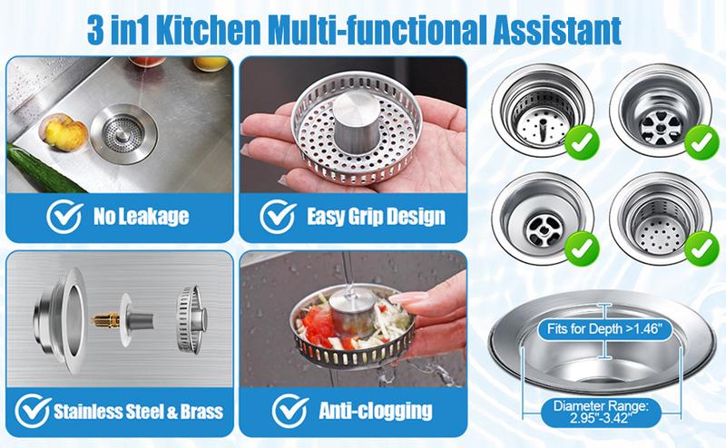 3-in-1 Kitchen Sink Drain Strainer, Stainless Steel Sink Plug, Deodorizing Anti-Clog Basket Strainer for US Standard 3-1/2 Inch Drains
