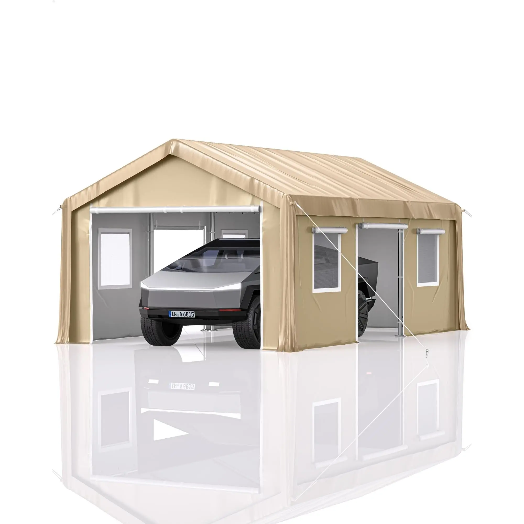 Heavy Duty 13x20 Ft Portable Carport Garage – 8 Reinforced Poles, 14mil Waterproof PE Canopy, Removable Side Walls, 4 Roll-Up Doors, Ventilated Windows – Ideal Outdoor Storage for Pickup Trucks, Boats, SUVs, Khaki Yellow