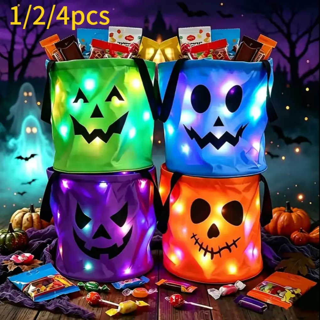LED Halloween Pumpkin Light Candy Bucket with Non-Woven Gift Bag, Reusable Trick-Or-Treat Collection, Kids Home Outdoor Decor Set, Party Decorations