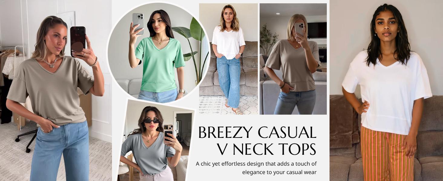 Cicy Bell Women's Summer V Neck T Shirts Casual Short Sleeve Flowy Tops Cute Loose Fit Basic Tees Premium Blend Fabric Flattering V Neckline