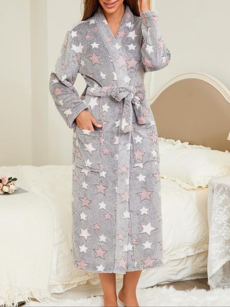 Women's star printed nightgown, thickened robe, autumn and winter velvet warm home clothes, casual and elegant vacation pajamas for going out