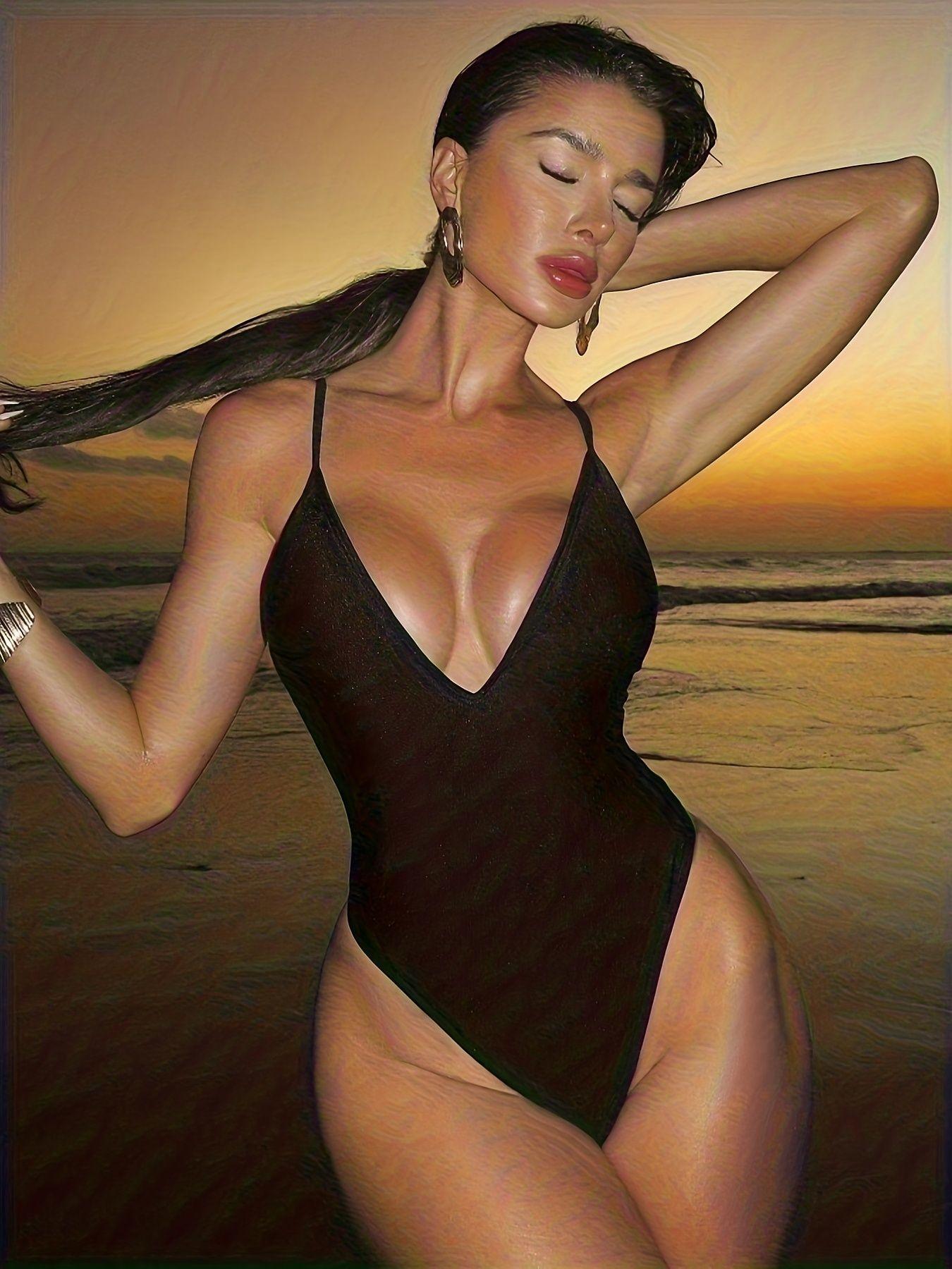 Women's Solid Color One Piece Swimsuit Sexy Slim Swim Bodysuit Summer Beach Vacation Swimwear