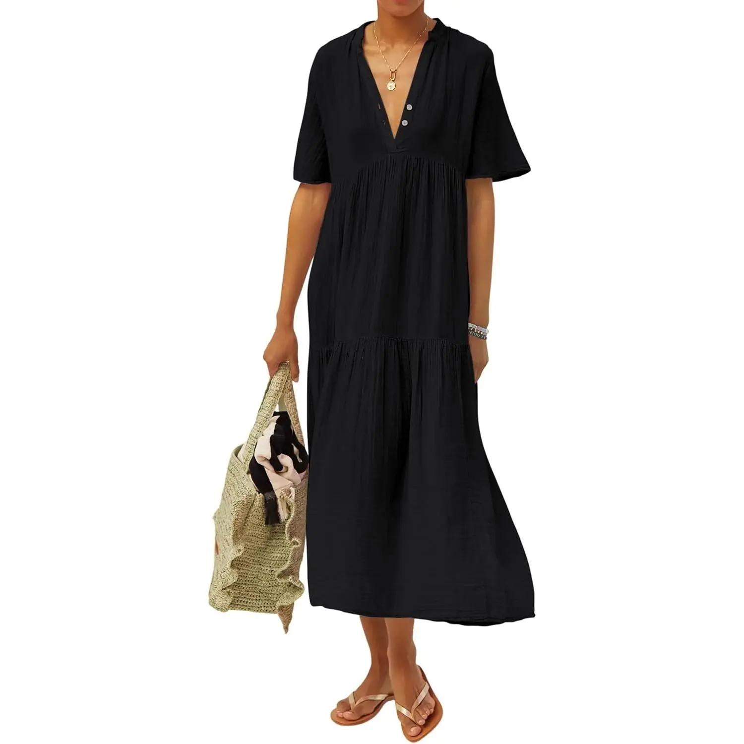 Womens Summer Cotton Flowy Maxi Dress Short Sleeve V Neck Empire Waist Boho Tiered Ruffle Casual Loose Long Dresses