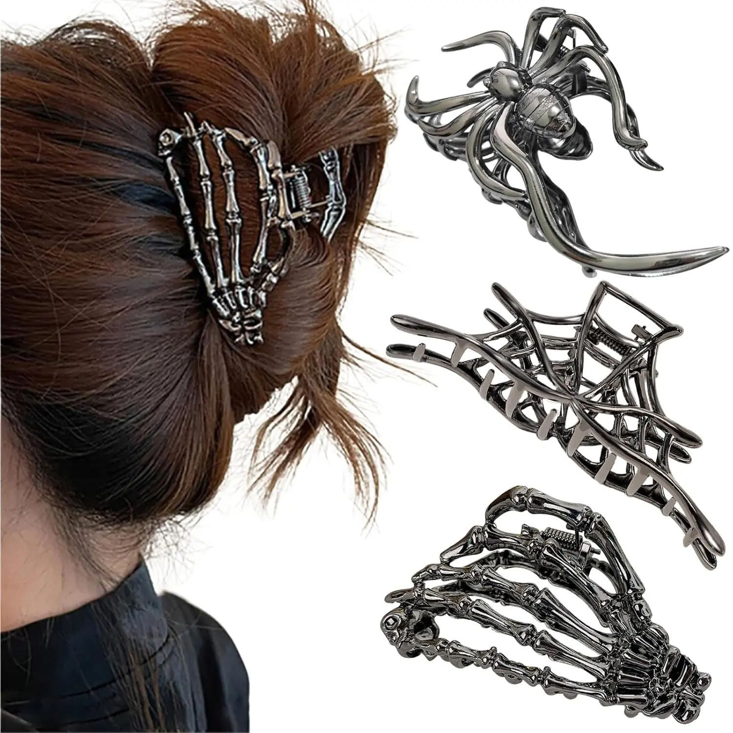Skull Hair Clips for Women for Thick Hair Gothic Halloween Black Skeleton Hand Hair Clip for Styling Metal Spider Snake Large Spiderweb Barrettes Claw Clips Hair Accessories 3 count