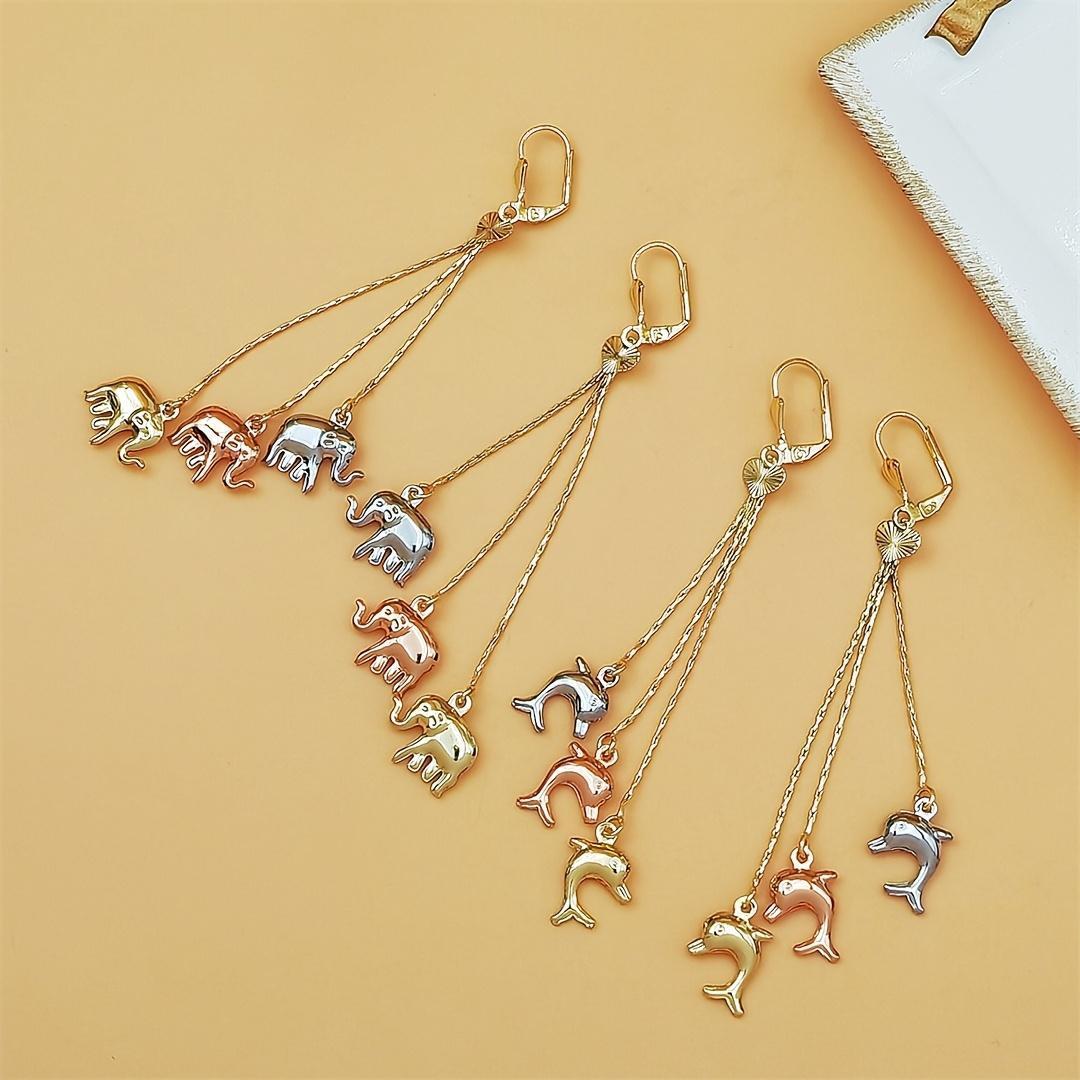 Women's Polished Copper Alloy Dangle Earrings - 3-Tone Elephant-Dolphin Charm Multi-Chain Tassel Ear Jewelry, Lightweight Elegant Craft for Wedding, Daily Casual Use (Sports & Outdoor Accessory Complement)