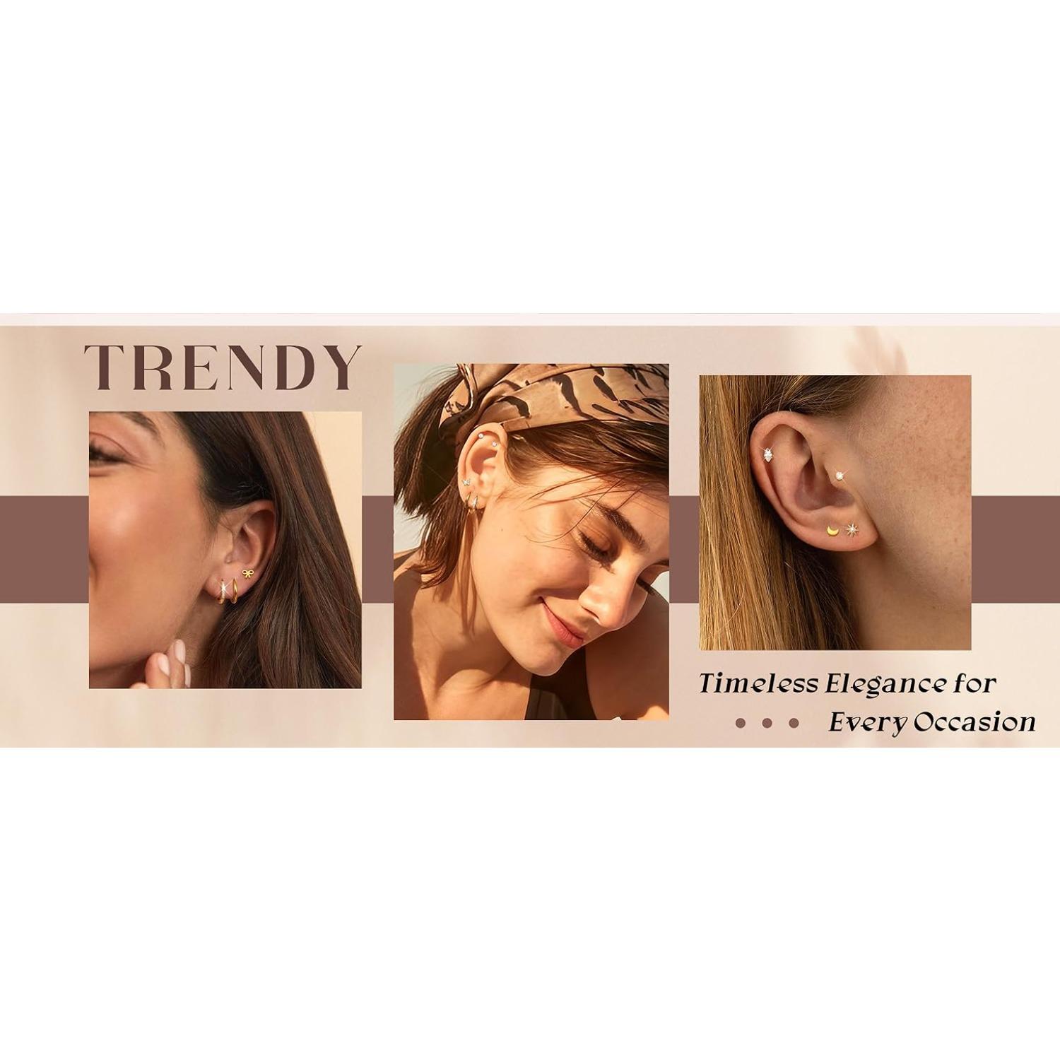 15pairs 14K Gold Plated Flat Back Earrings - Hypoallergenic Surgical Stainless Steel Stud Hoop Earrings for Women Girls Cute Stud Earring Set Small Huggie Hoops Cartilage Earring Stacks Stud Earrings Jewelry Earrings Studs