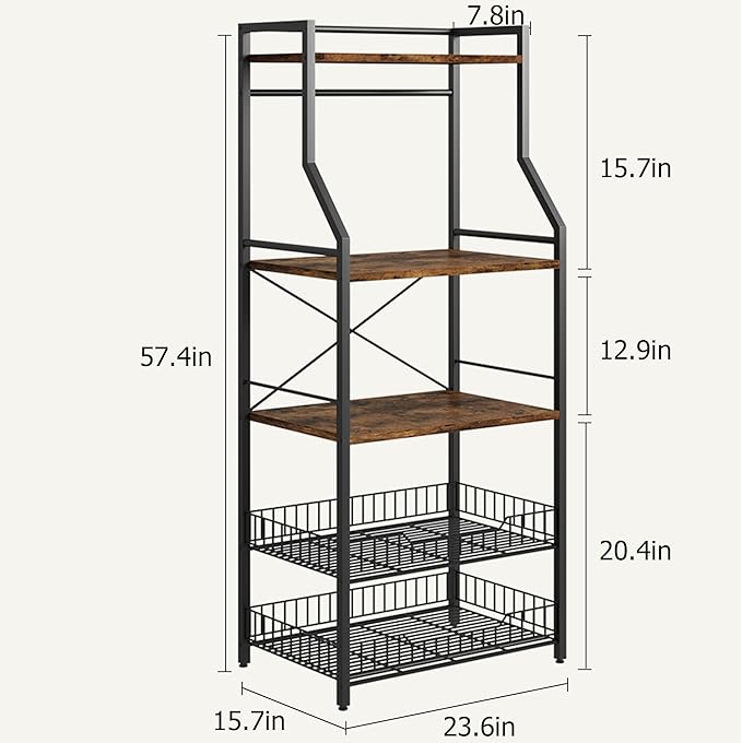 Kitchen Bakers Rack, Microwave Oven Stand with 2 Large Wire Basket, Industrial Coffee Bar Station, 5-Tier Kitchen Utility Storage Shelf with 8 Hooks for Spice, Pots Organizer