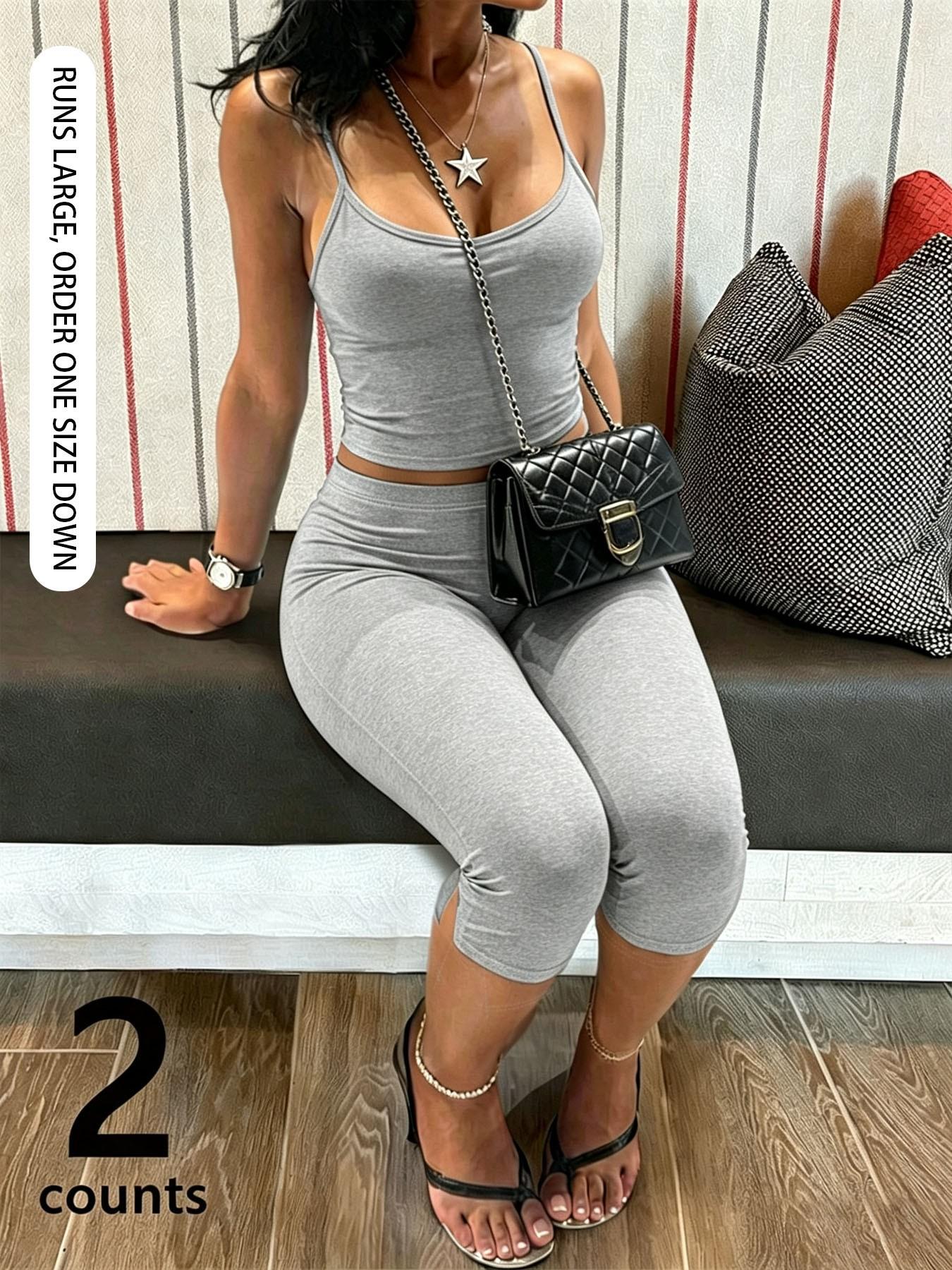 Women's Plain Two-Piece Set, Sleeveless Short Tank Top & Seven-Slit Tight Pants, Casual Street Style Workout Sets for Yoga, Fitness, Daily Wear