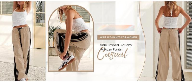 Ommig Women's Wide Leg Track Pants Drawstring High Rise Side Striped Slouchy Palazzo Pants with Pockets