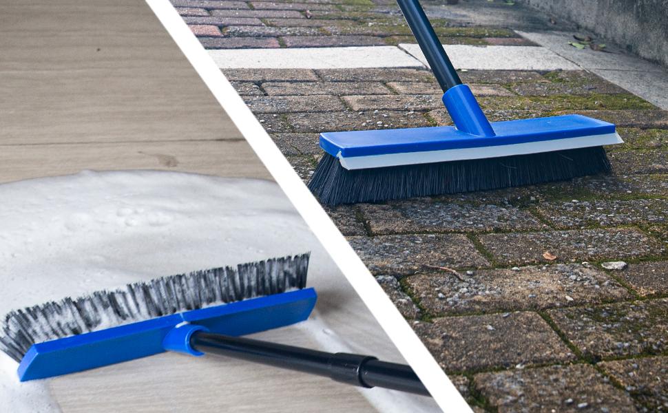 Furniture for daily use 16 Inch Push Broom Outdoor 2 in 1 with Rubber Squeegee and Stiff Bristle Deck Brush 58" Long Handle for Deck Patio Garage Warehouse Driveway Concrete Floor Cleaning Scrubbing(Blue)