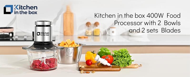 Kitchen in the box Food Processors 400W Small Electric Meat Grinder & Food Chopper with 2 Bowls & 2 Bi-Level Blades for Meat, Fish, Vegetable & Baby Food