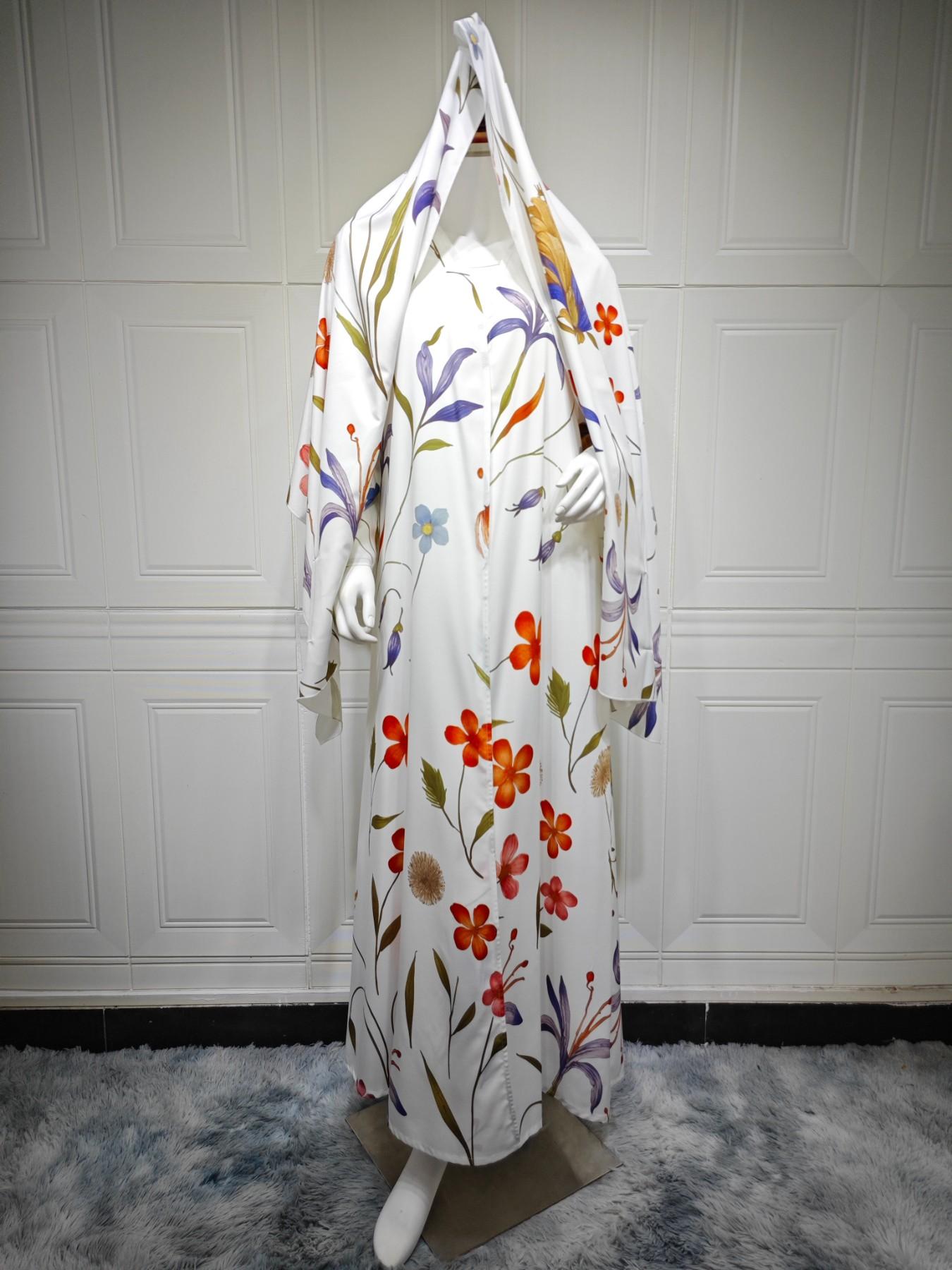 New Muslim Women's Loose Fit Open Front Robe, Printed Two-Piece Set with Headscarf, Casual Daily Wear, Comfortable and Stylish, Floral Abaya Set, Islamic Abaya, Muslim Clothing