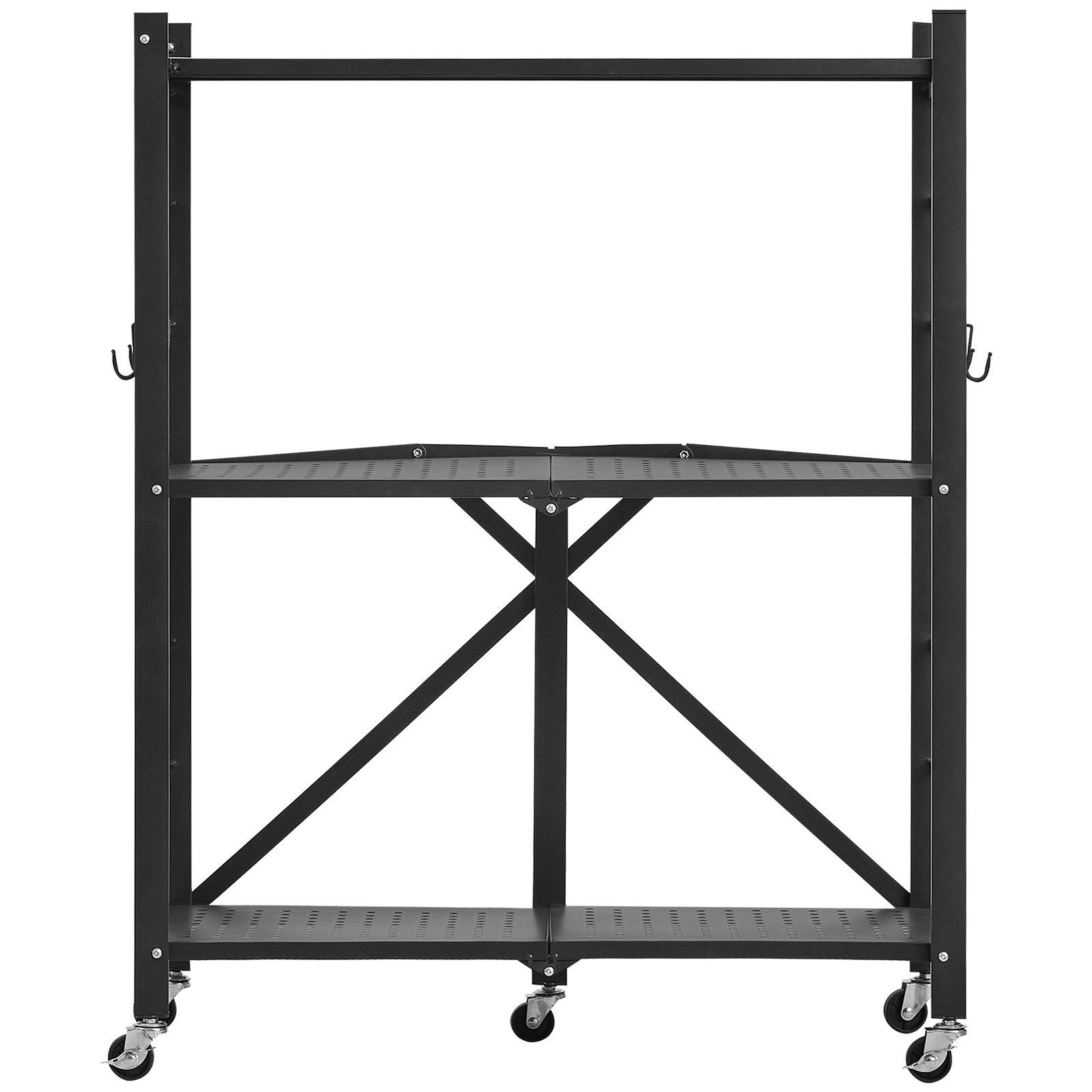VEVOR 3-Tier Foldable Carbon Steel Storage Shelves, 13x28x36" Folding Metal Rack Unit, No-Assembly Organizer with 5 Wheels & 4 Hooks for Kitchen, Garage, Black