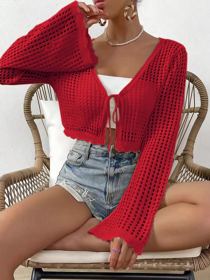 Women's Plain Hollow Out Tie Front Crop Cardigan, Casual Flounce Sleeve V Neck Cover Up Knitwear for Spring & Fall, Summer Outfits 2024, Women's Knit Clothing for Daily Wear