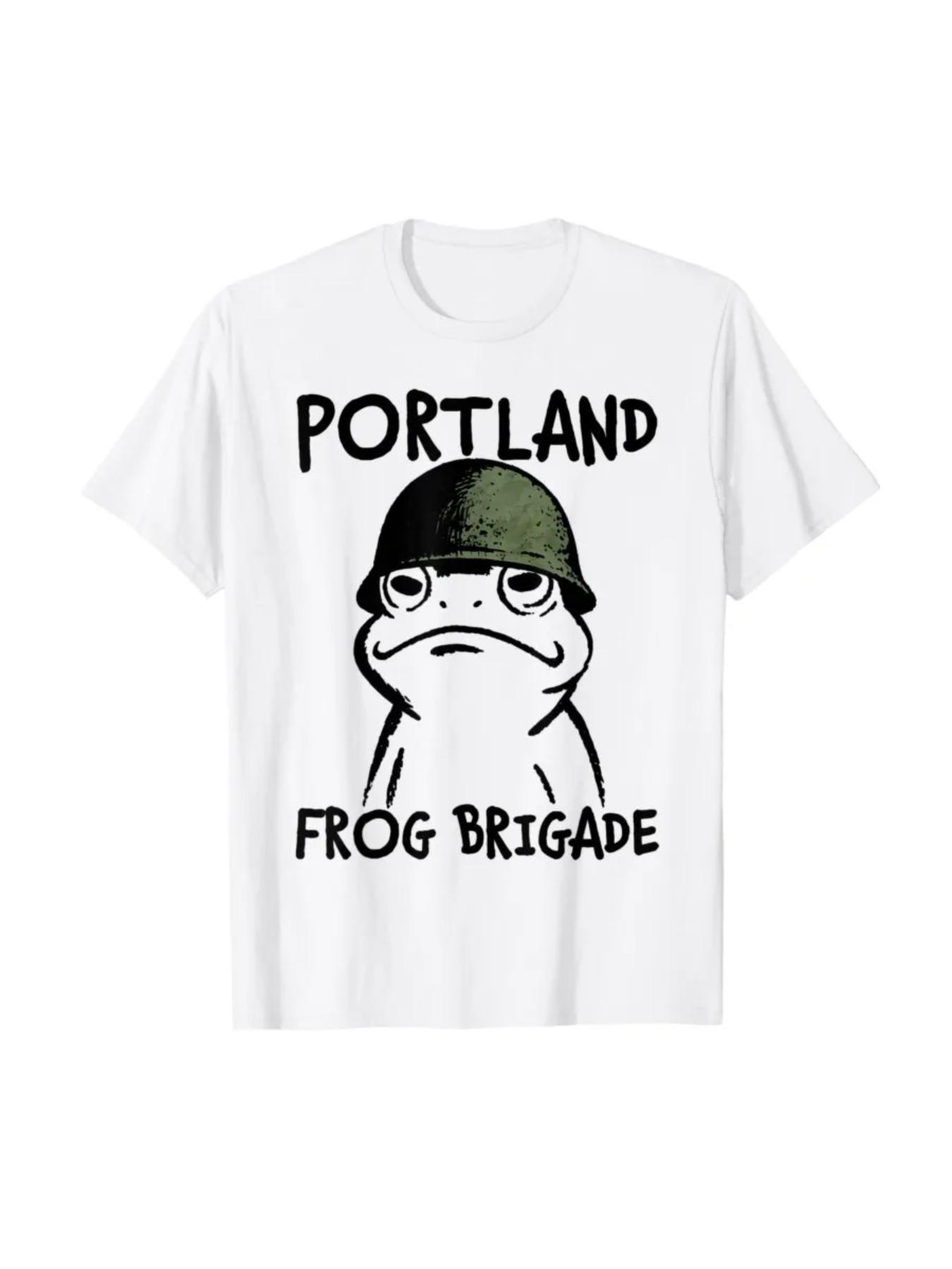 Portland Frog Brigade T-shirt with Fun Frog Soldier Pattern for Men and Women, Casual Breathable Short Sleeve Street Top
