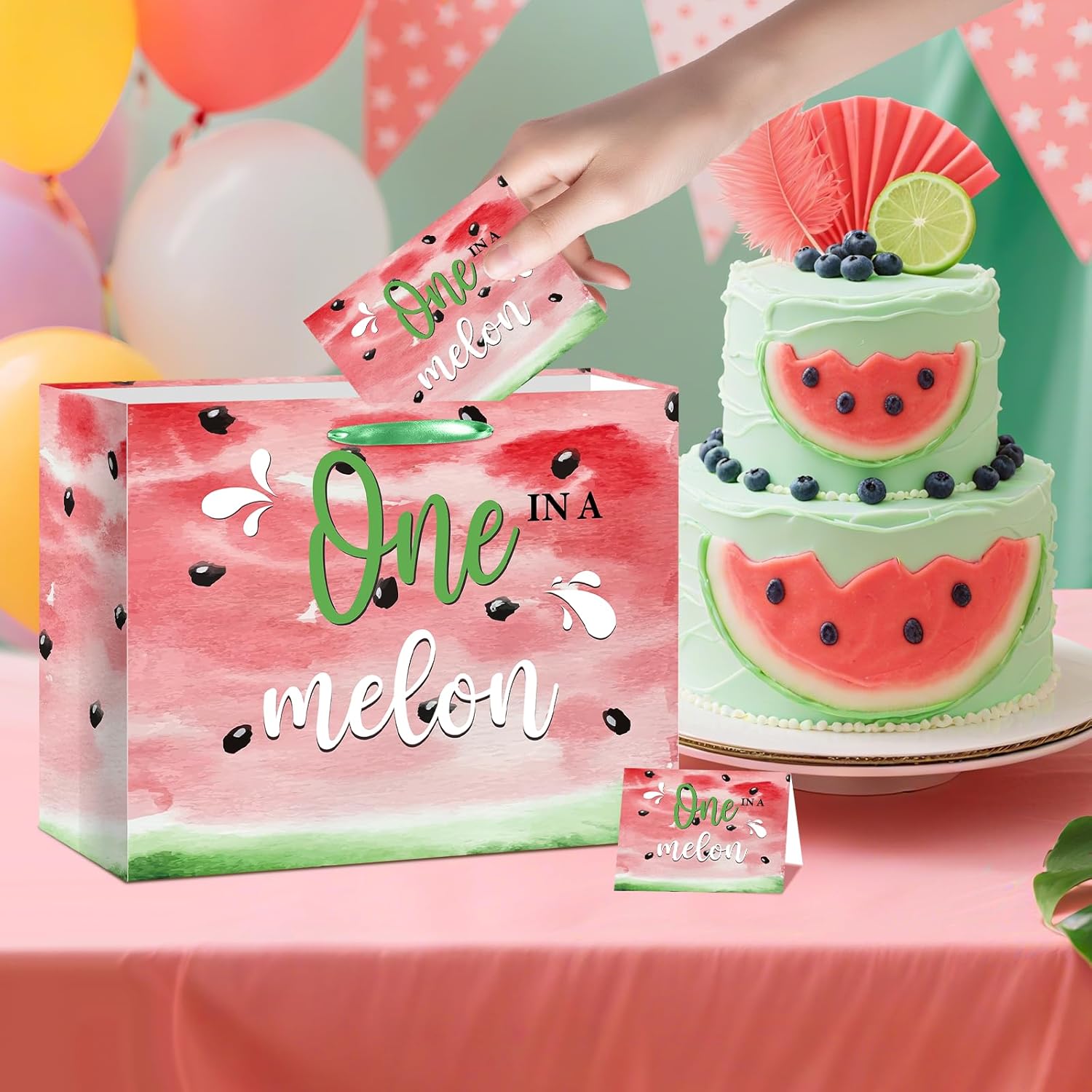 1st Birthday  Bag for Girls  in A Melon Party Decorations with Wrapping Paper Card Watermelon First Birthday  Bag for Summer  Shower Decorations Party Supplies (Red)