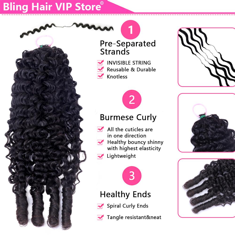 Bling Hair Raw Burmese Curly Human Hair Crochet 22 Inch Knotless Pre-Separated Crochet 3c4a Water Curly Hair Lightweight Reusable Virgin Hair Extensions for Women Natural Black Color